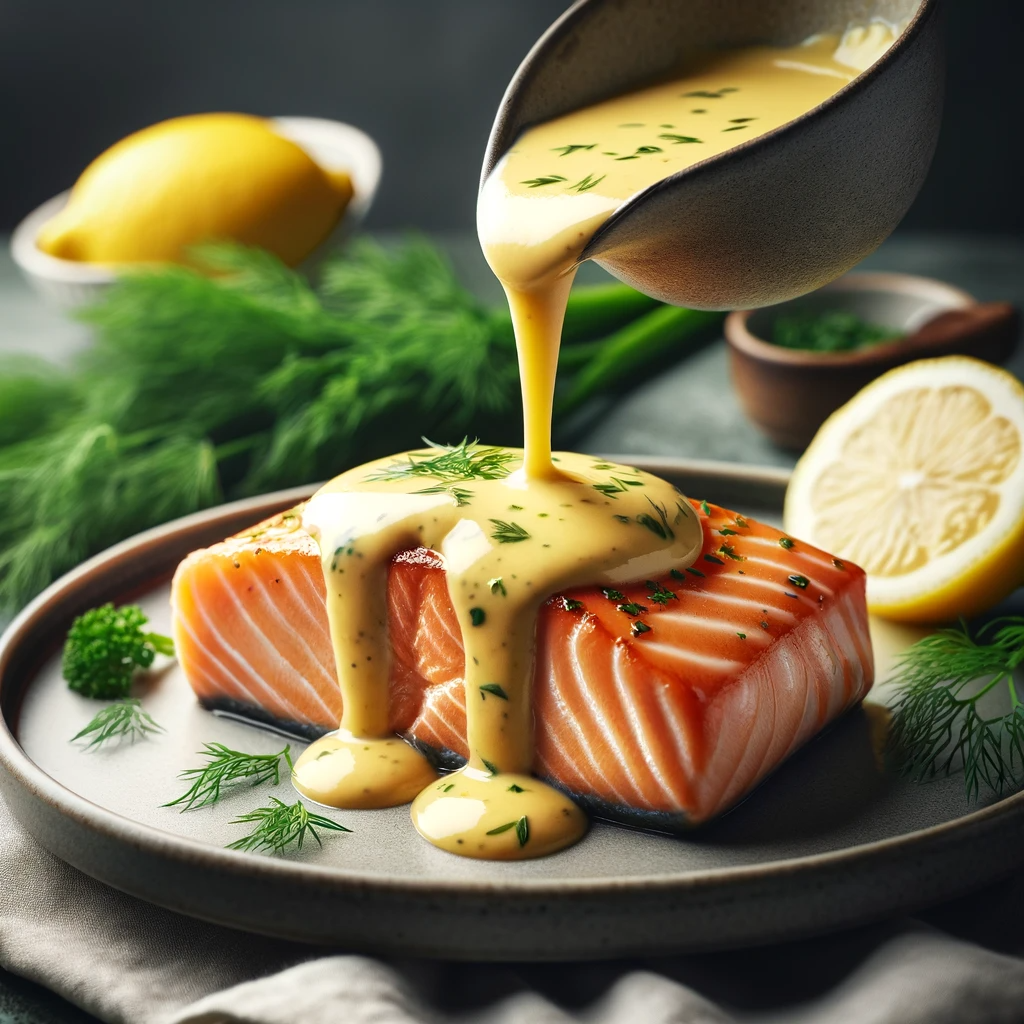 creamy, smooth Hollandaise sauce being poured over a perfectly cooked salmon fillet, with a lemon wedge and fresh herbs on the side, highlighting the rich texture and golden color of the sauce