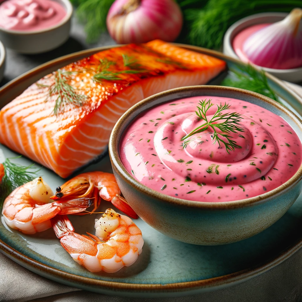 bowl of vibrant pink Hollandaise sauce, made with olive oil, next to a plate of grilled salmon, shrimp, and fresh herbs, showcasing the rich, creamy texture and unique color of the sauce