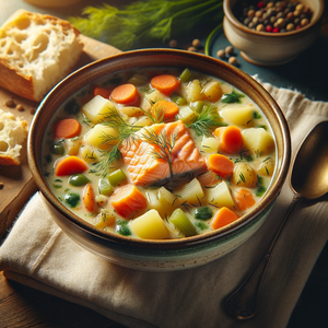 bowl of creamy Salmon Chowder, filled with chunks of tender salmon, diced vegetables, and a rich, creamy broth, garnished with fresh herbs, and served with a side of crusty bread, embodying a homely and appetizing meal