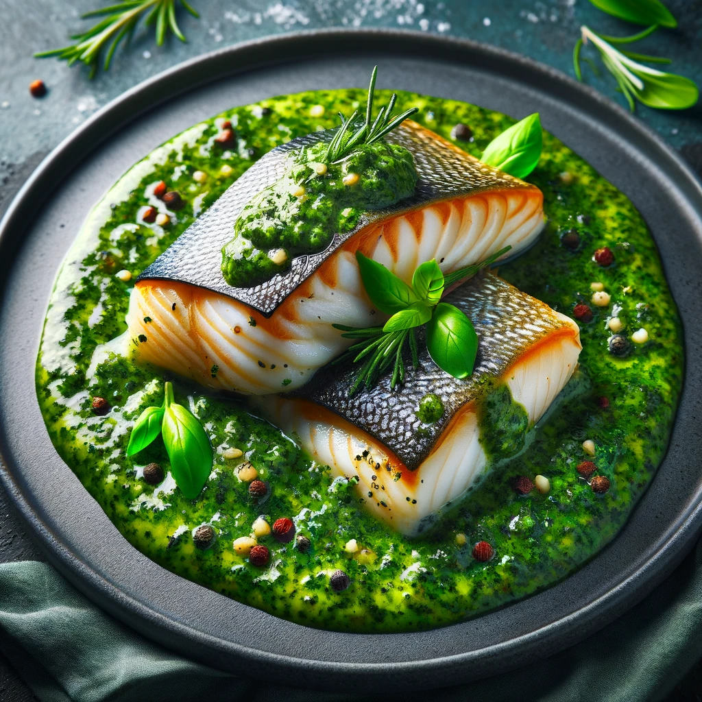 Beautifully plated Alaskan Rockfish with zesty charmoula sauce, garnished with fresh herbs