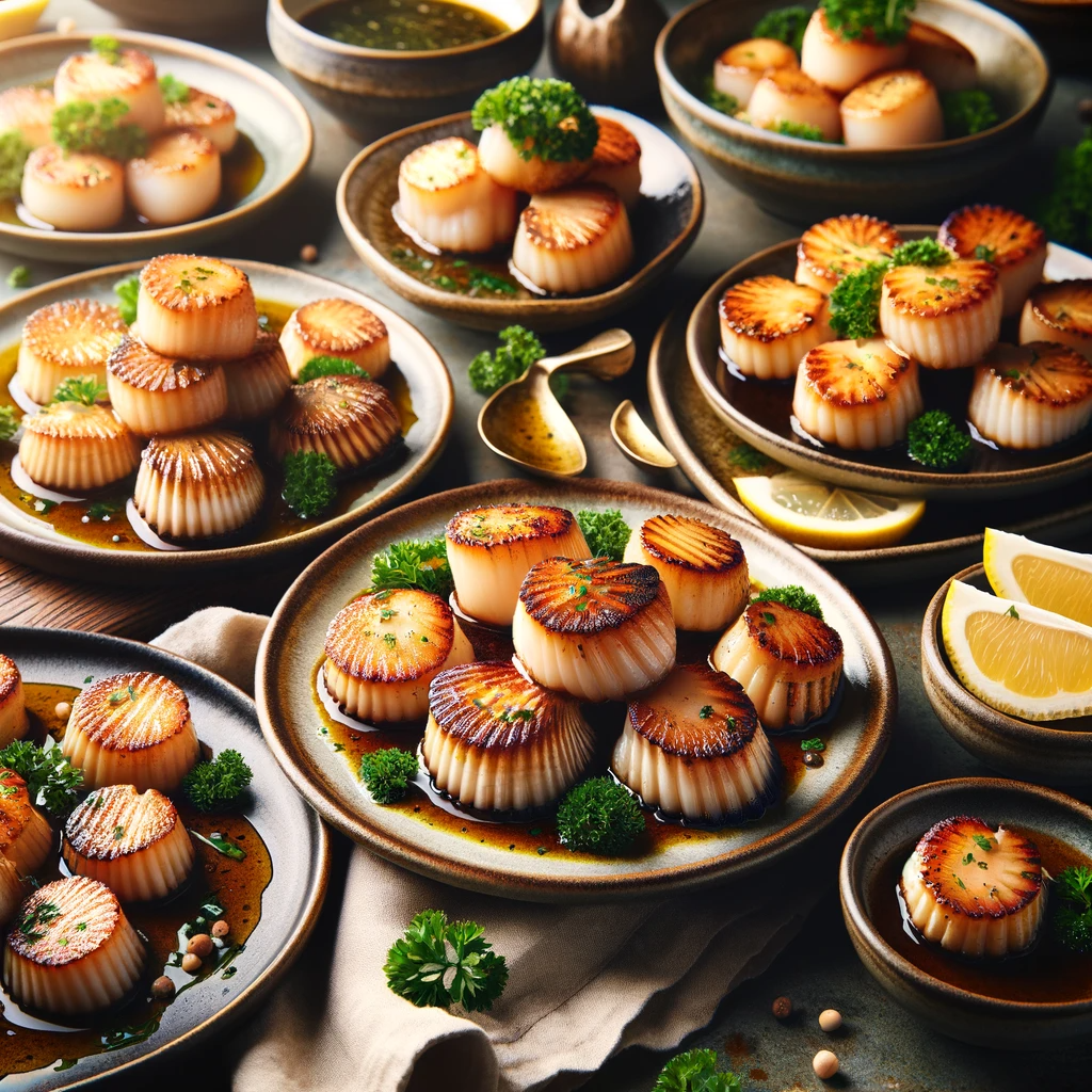 Array of beautifully plated scallop dishes including golden-brown seared scallops and elegantly presented baked scallops