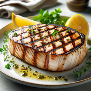 Grilled swordfish steak on a plate with lemon slices and fresh herbs, showcasing the perfect char marks and juicy texture of the fish