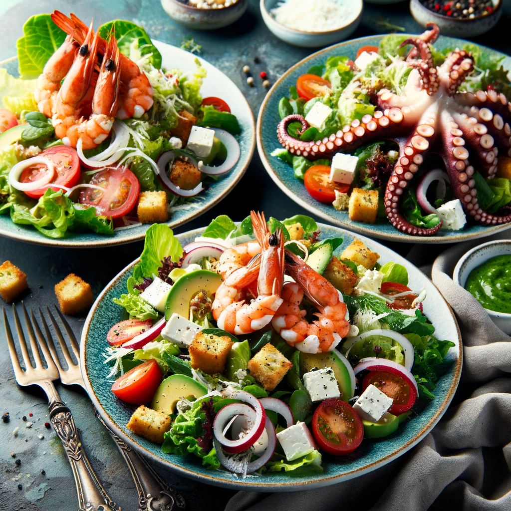 Array of three gourmet seafood salads: Shrimp Caesar Salad with romaine lettuce and Parmesan, Mediterranean Octopus Salad with mixed greens and feta, and Crab and Avocado Salad with vibrant greens and diced avocado