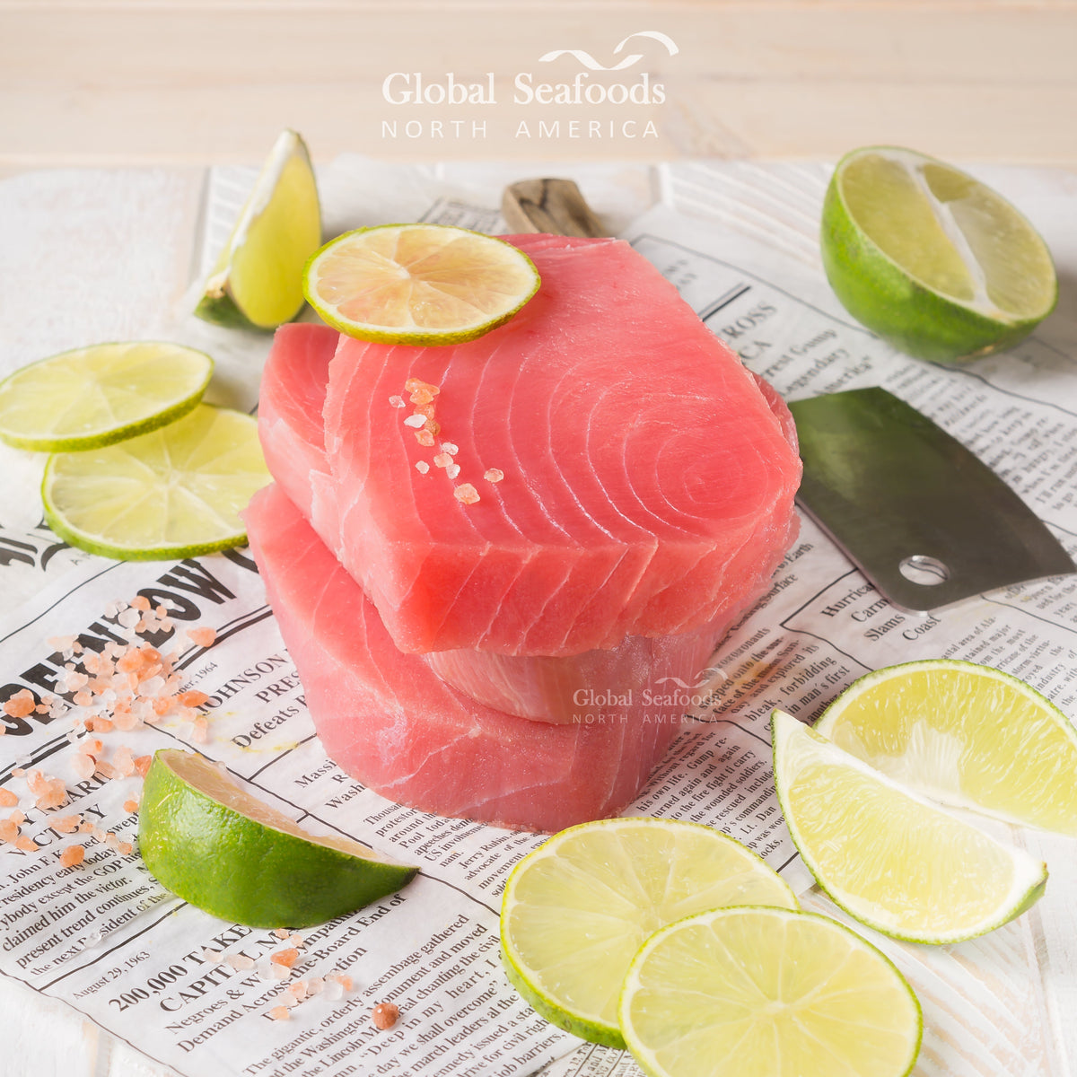 Fresh ahi tuna steaks showing color difference between CO2-treated and non-treated yellowfin tuna