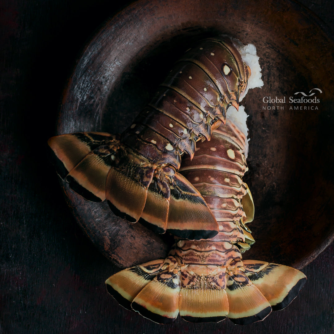 Fresh Caribbean spiny lobster tails ready for grilling with butter and lemon