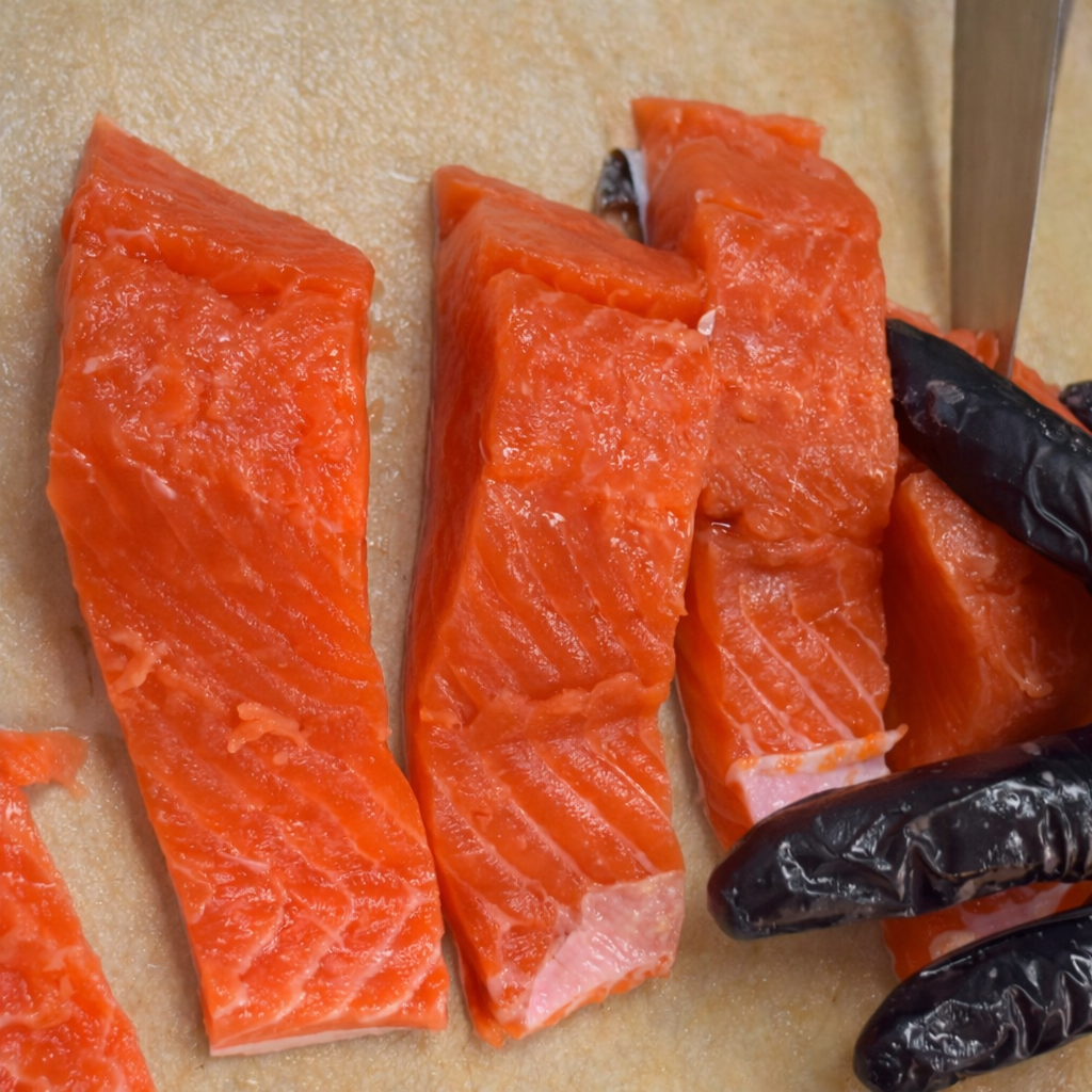 Fresh Silver Salmon being filleted into portions with head split for soup