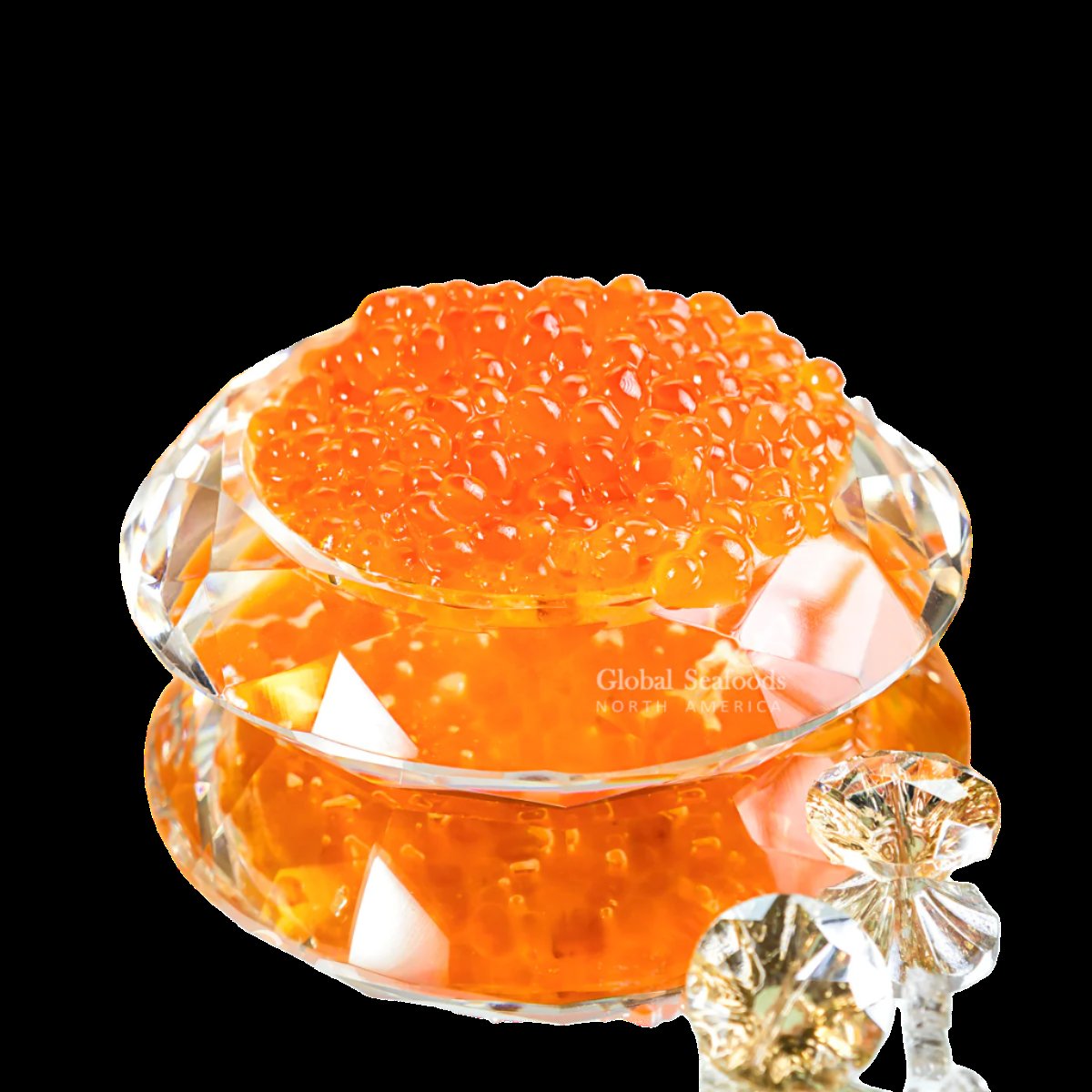 Ikura sushi nigiri with salmon roe on seasoned sushi rice, garnished with nori and shiso leaf