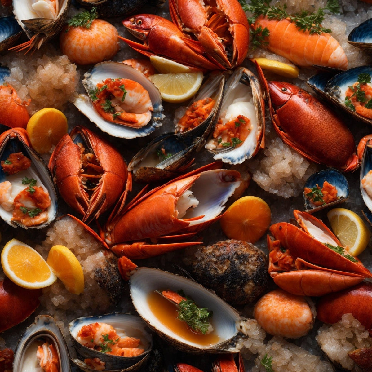 A stunning shellfish platter featuring shrimp, oysters on the half shell, crab legs, mussels, and scallops arranged on ice — showcasing the full spectrum of premium shellfish flavors available at Global Seafoods