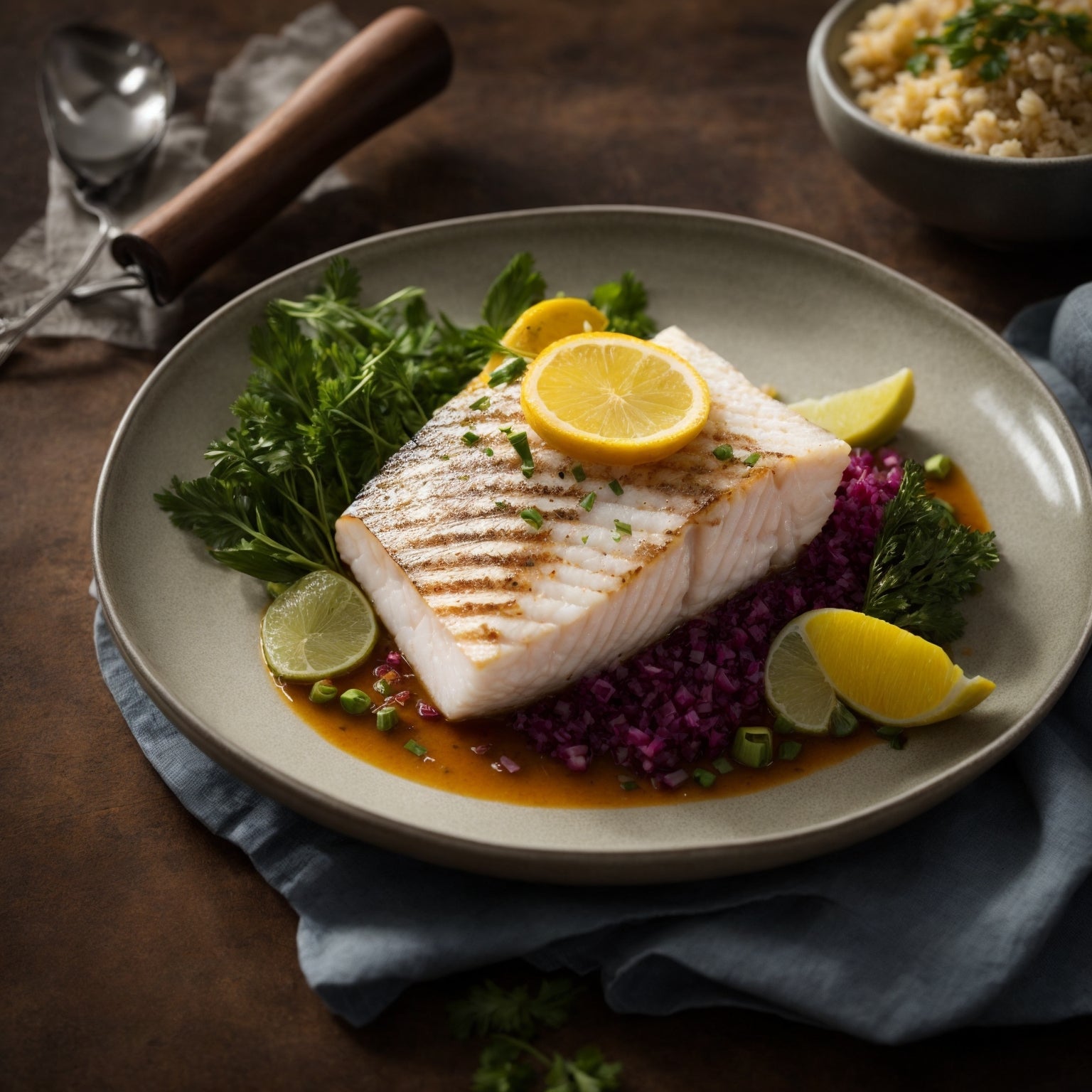 Wild-caught Pacific halibut fillet on a baking sheet with lemon slices, garlic, and fresh herbs