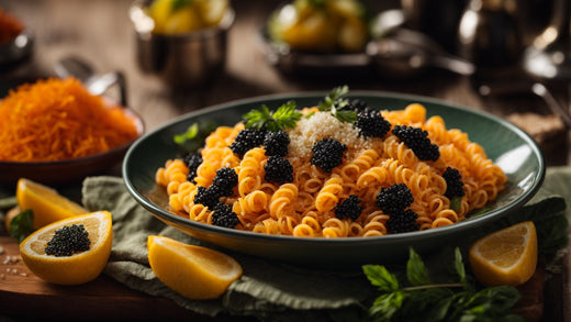 Creamy caviar pasta topped with Osetra caviar pearls and fresh dill in a white bowl