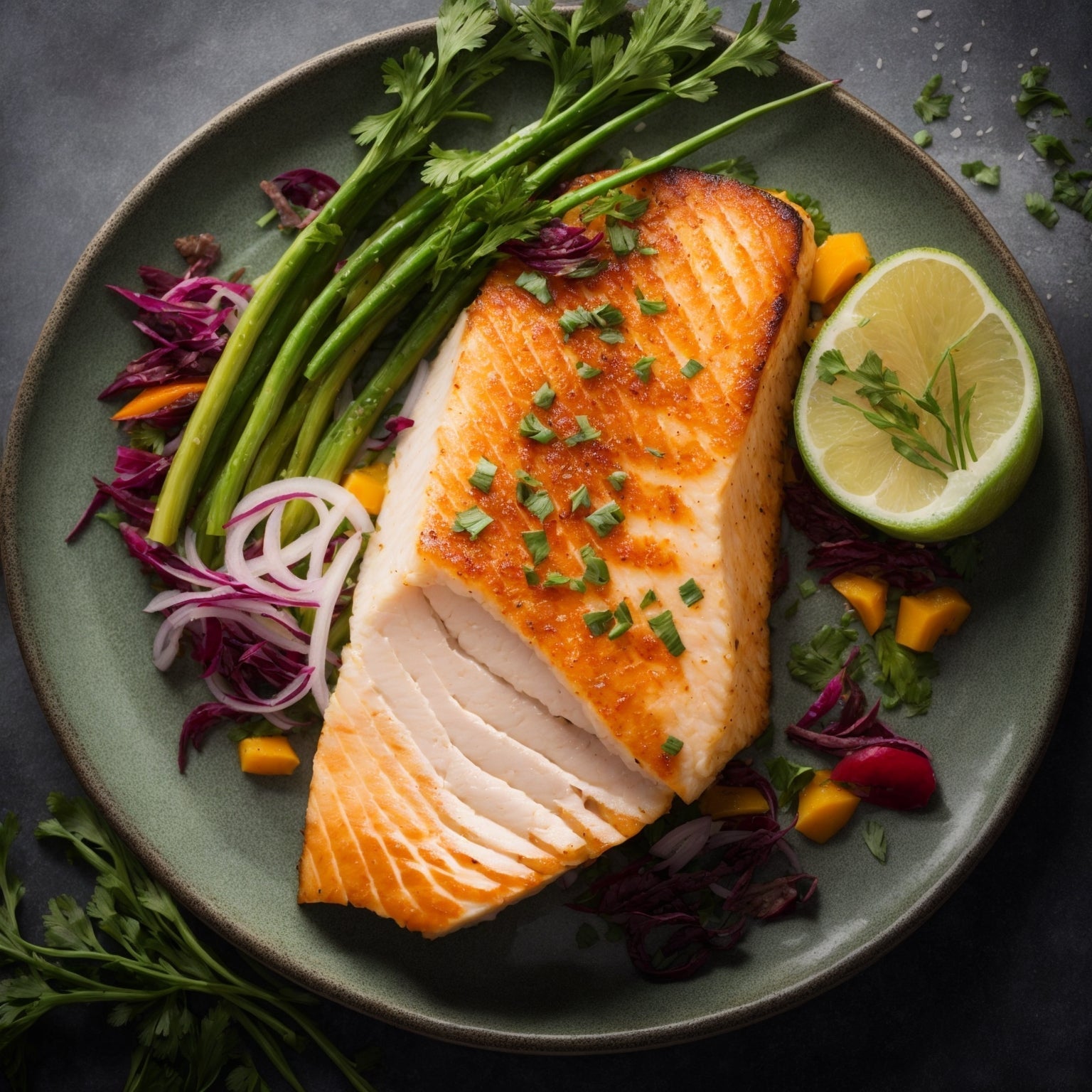 Pan-seared Chilean sea bass fillet with golden crust, served with lemon butter sauce and fresh herbs on a white plate