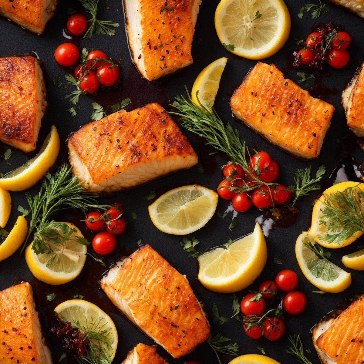 Four gourmet Chilean sea bass preparations — pan-seared with lemon butter, en papillote, miso-glazed, and tomato basil relish — plated elegantly