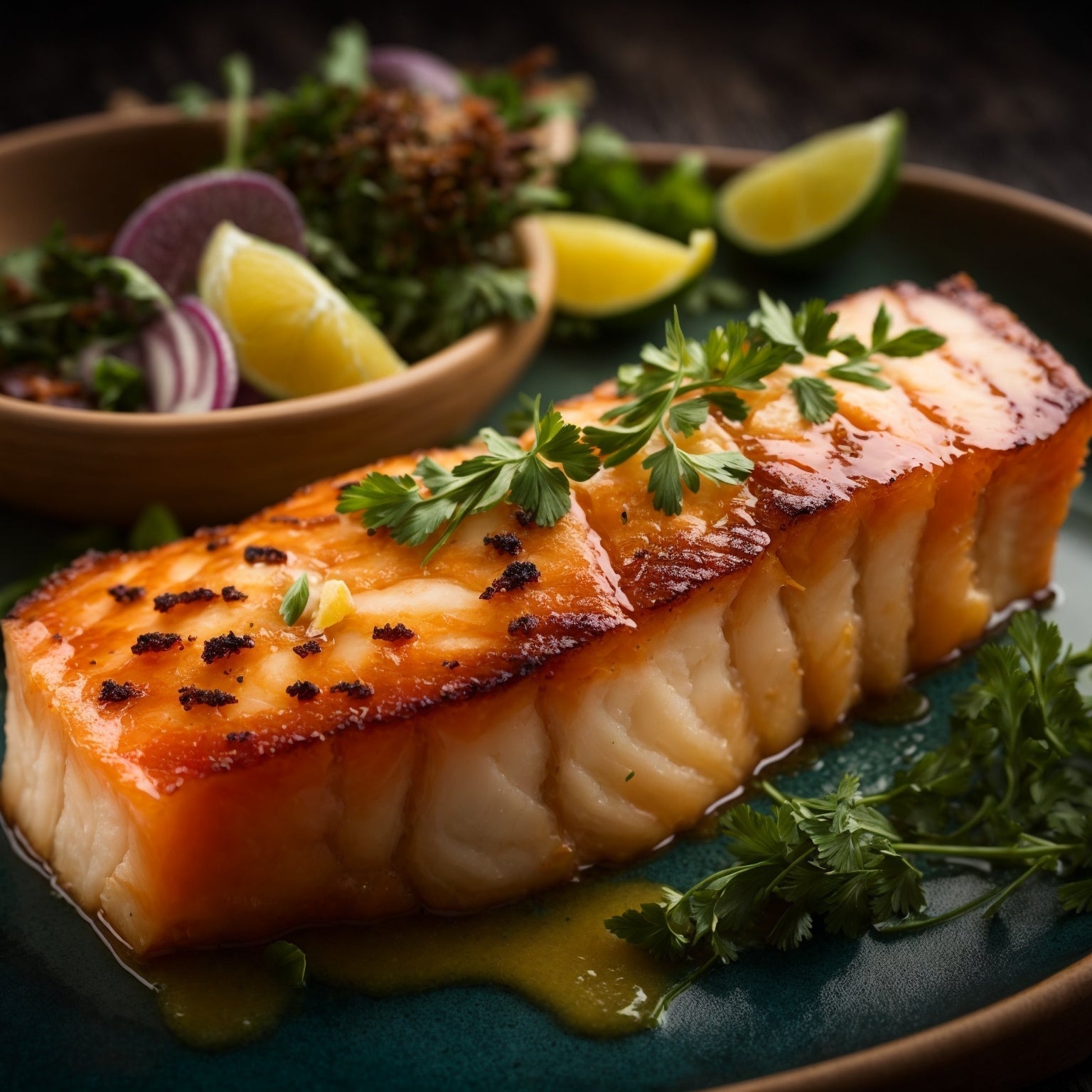 Pan-seared Chilean Sea Bass fillet with golden crust, lemon slices, and fresh herbs on a white plate