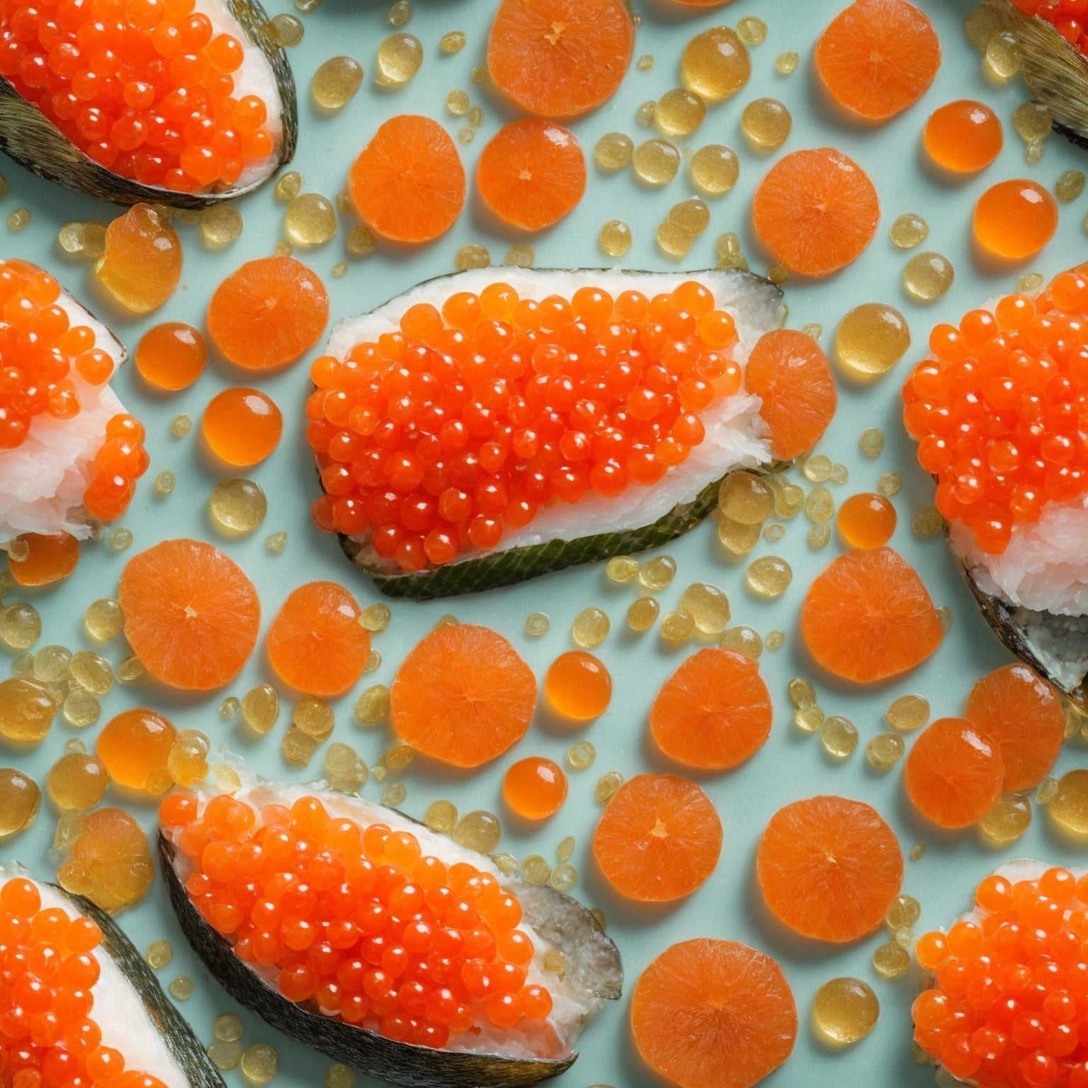 Bright orange Coho salmon caviar pearls served on a mother-of-pearl spoon over crushed ice, showcasing gourmet elegance