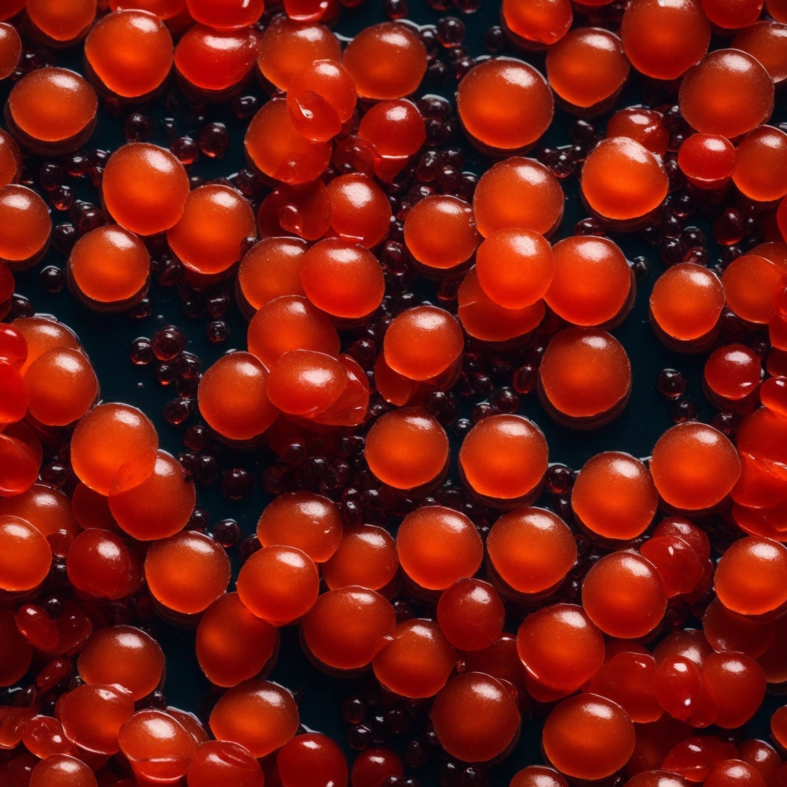 Vibrant orange Coho salmon caviar pearls in a glass jar surrounded by fresh Pacific salmon and green herbs