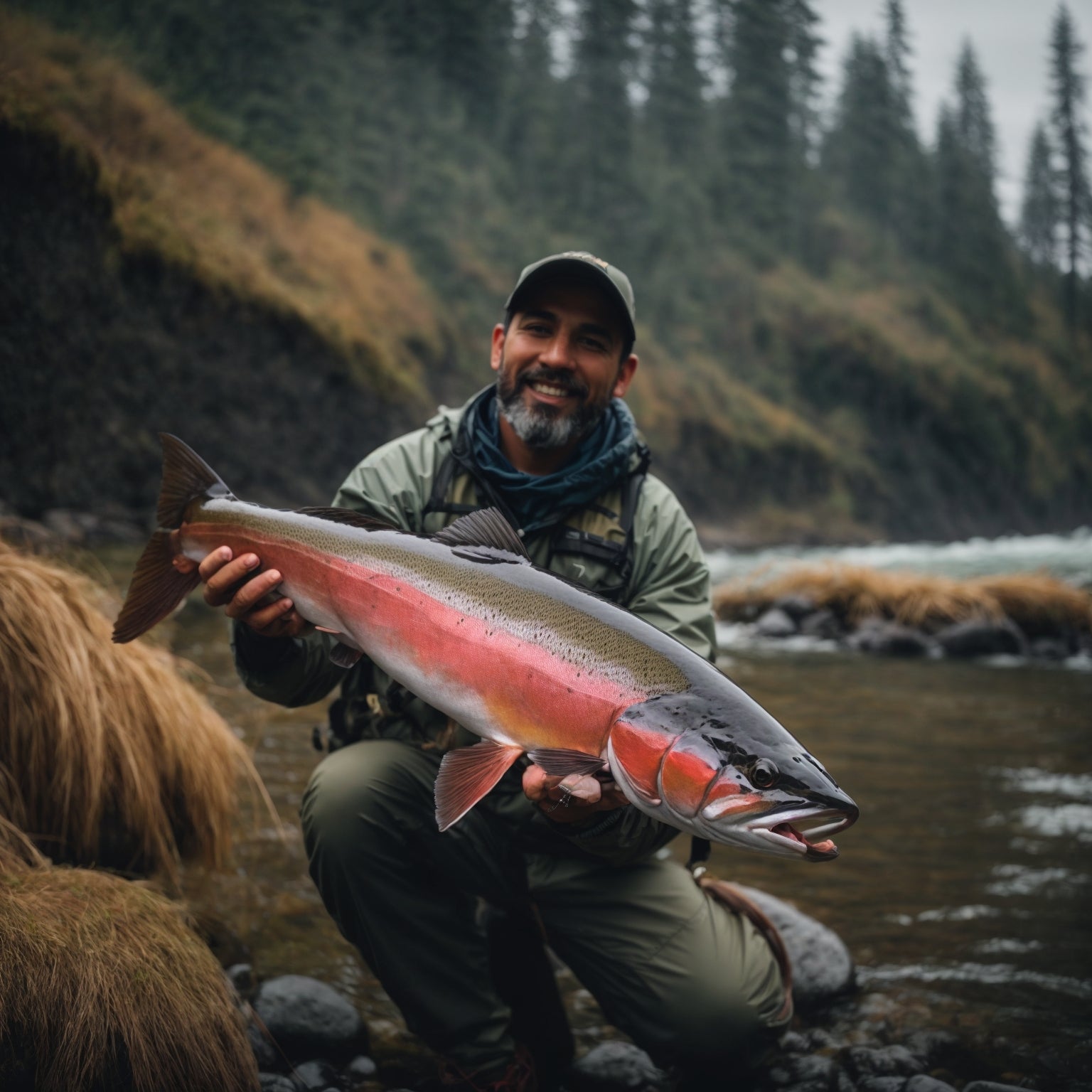 Angler holding a large Columbia River steelhead caught while drift fishing in a fast-moving Pacific Northwest river