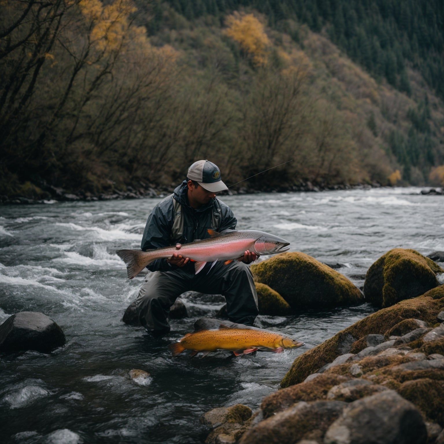 Angler drift fishing for Columbia River steelhead from a boat in fast-moving Pacific Northwest river water