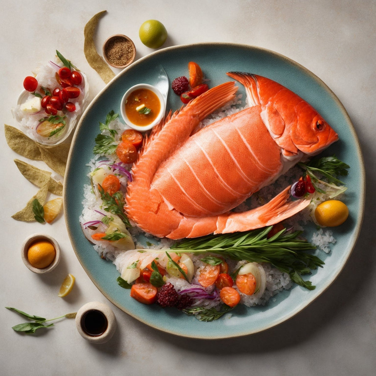 Sustainable seafood selection including wild salmon fillets, spot prawns, halibut, and scallops arranged on a bed of ice