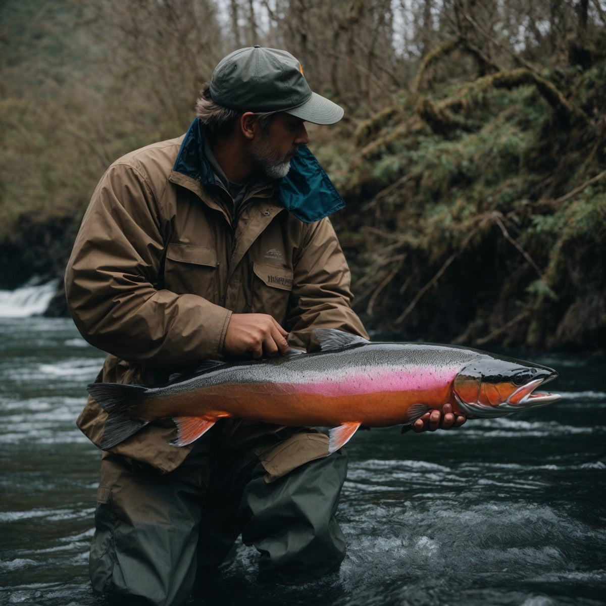 Conservation workers restoring steelhead spawning habitat on a Columbia River tributary with gravel and clear water