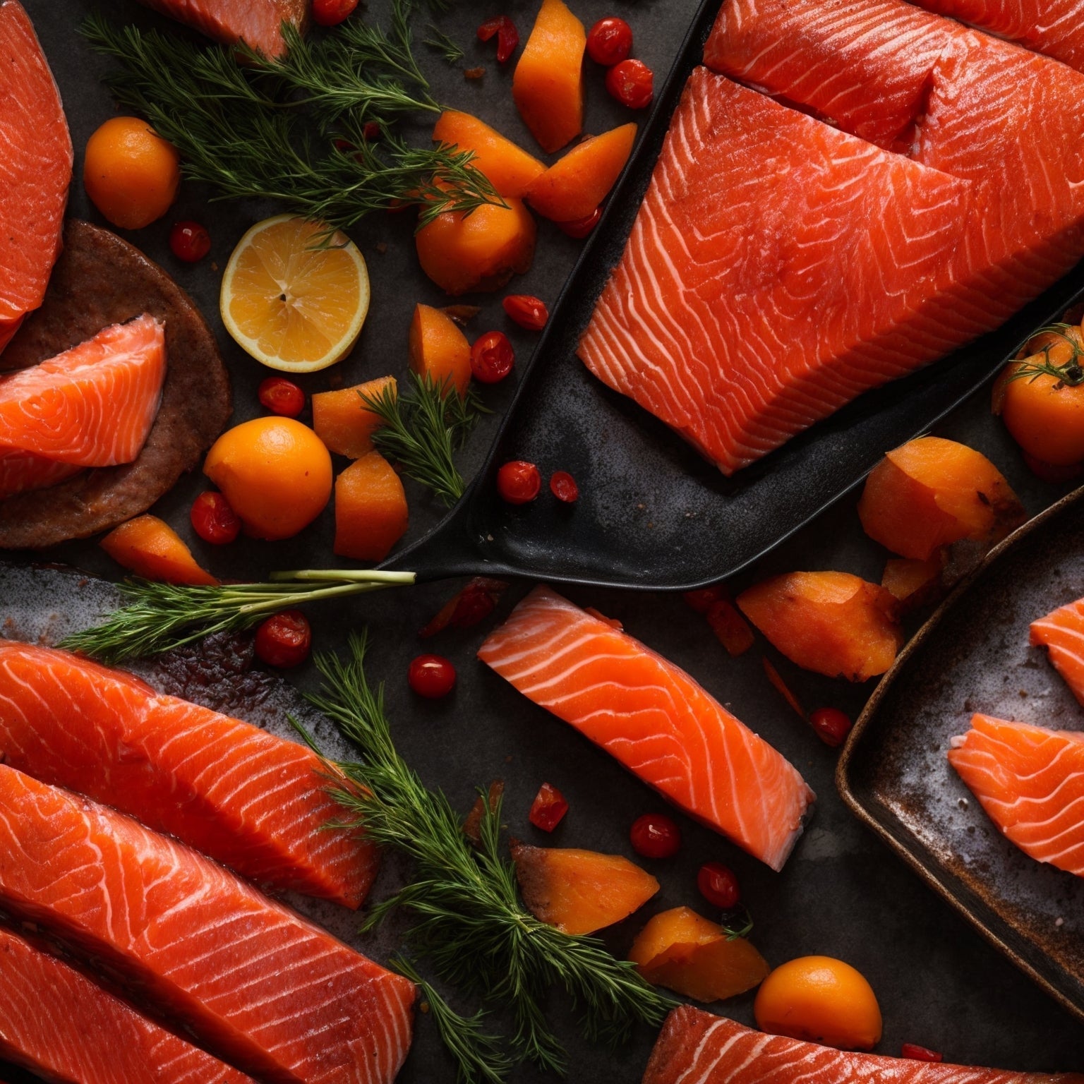 Fresh wild-caught Alaskan sockeye salmon fillets with deep red flesh on a wooden cutting board with lemon and fresh herbs