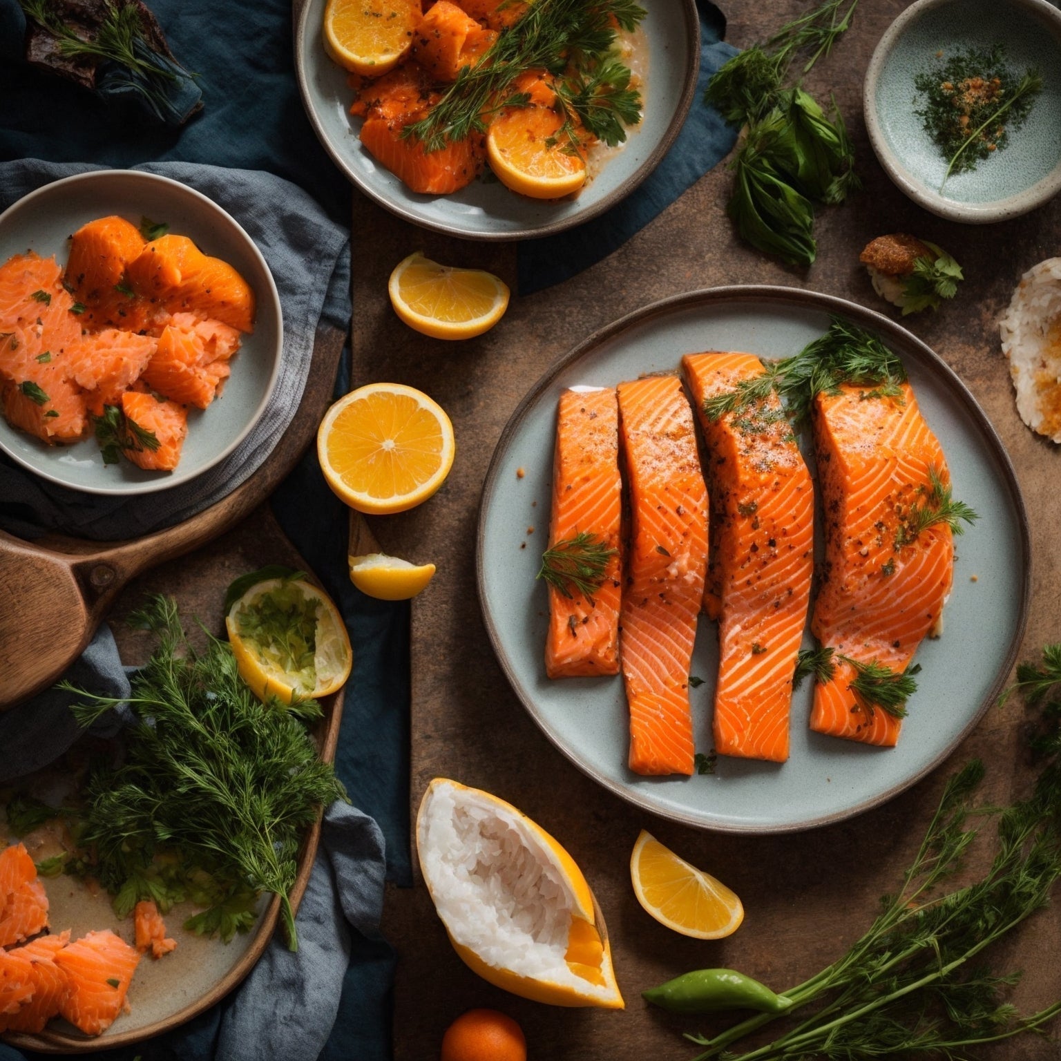 Fresh Atlantic salmon fillet with vibrant pink-orange flesh on a wooden cutting board, garnished with lemon slices and fresh dill