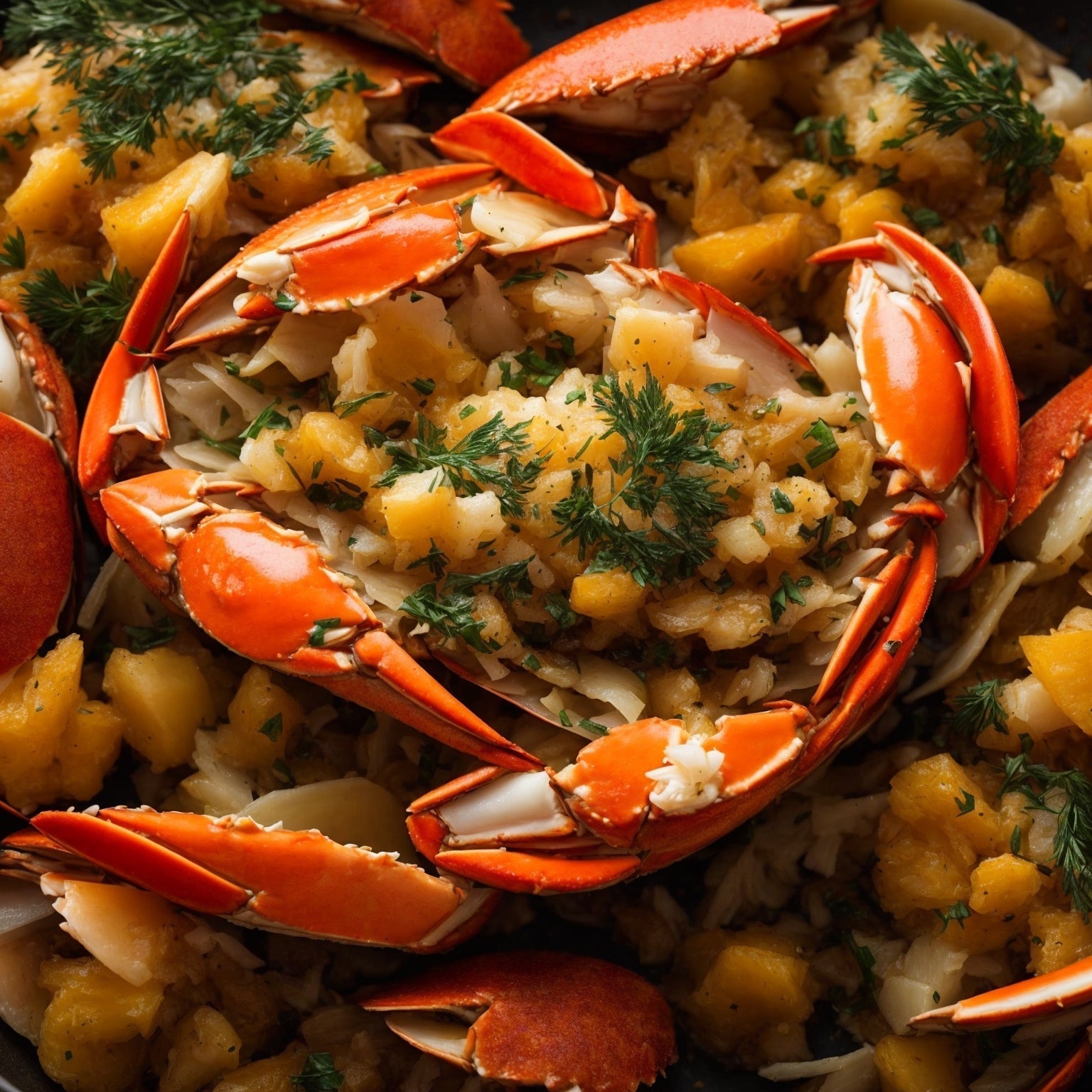 Gourmet Dungeness crab clusters served on a platter with melted garlic butter, lemon wedges, fresh parsley, and microgreens – steamed Pacific Northwest wild-caught Dungeness crab prepared for an elegant seafood dinner with wine pairing