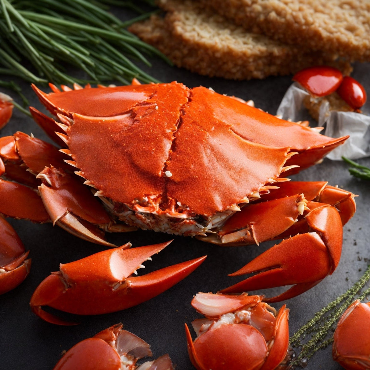A whole cooked Dungeness crab on a wooden board with crab crackers and picks — the Pacific Coast's most prized shellfish, with sweet, complex meat that rewards the cook who knows how to handle it