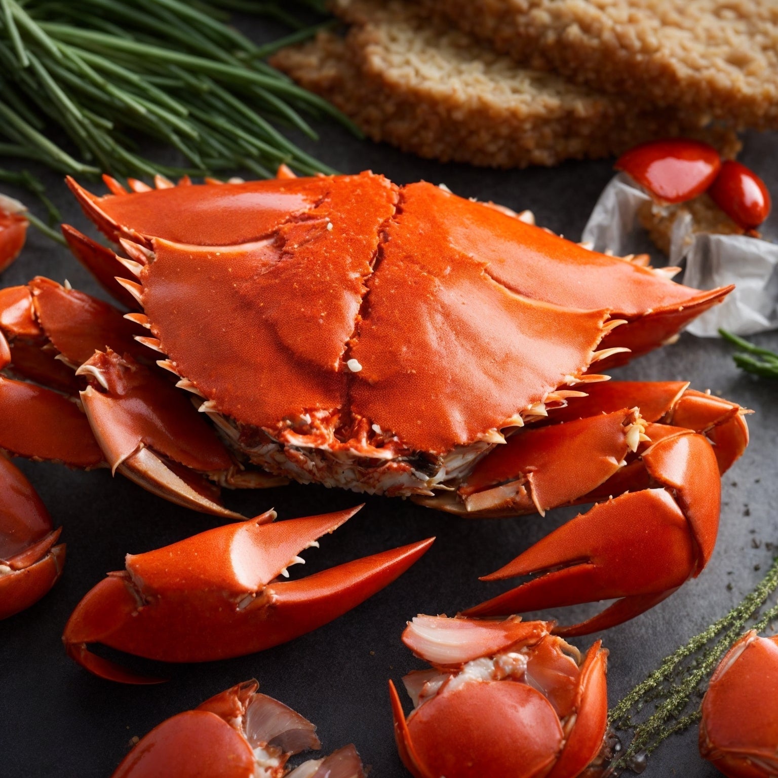 A whole cooked Dungeness crab on a wooden board with crab crackers and picks — the Pacific Coast's most prized shellfish, with sweet, complex meat that rewards the cook who knows how to handle it