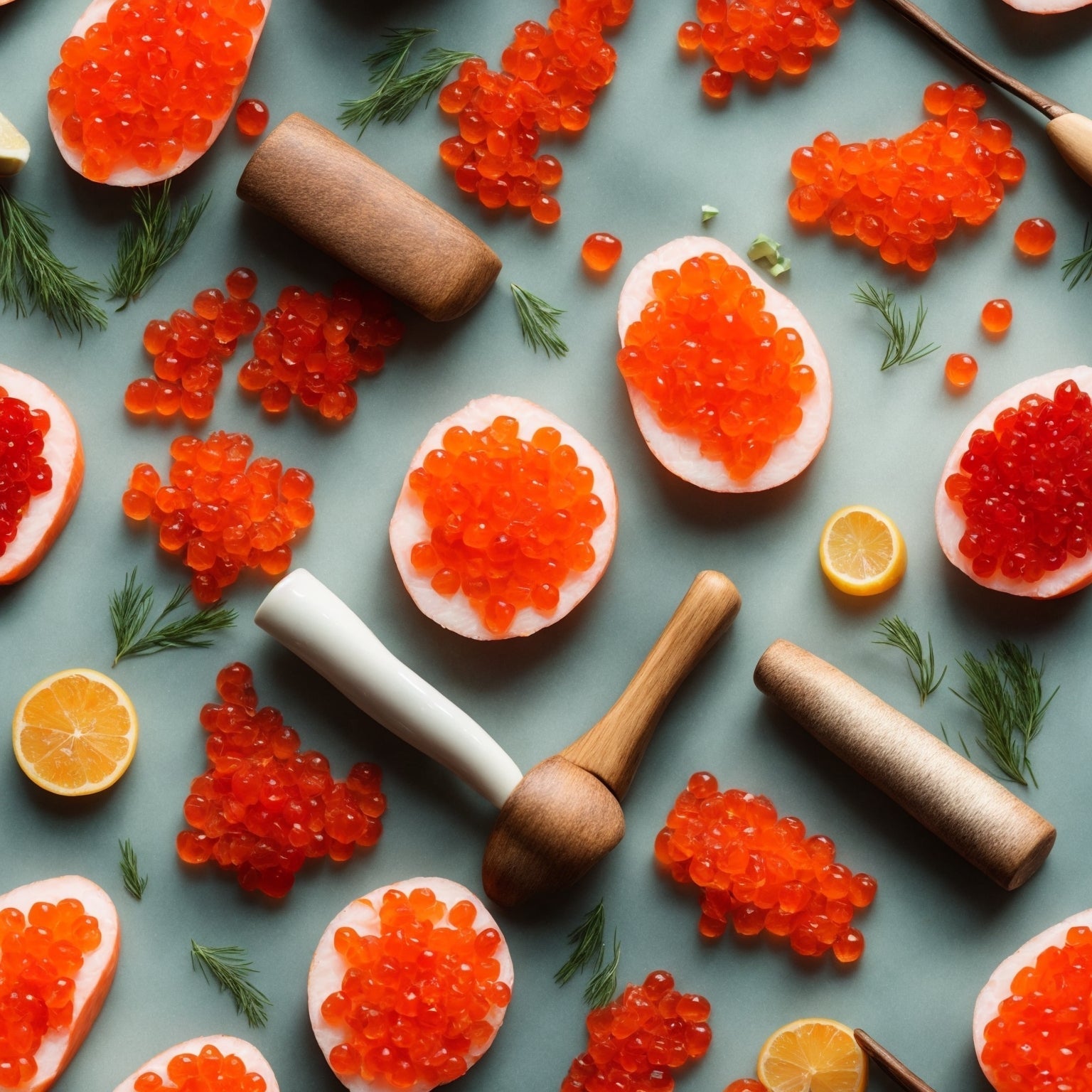 Vibrant orange Coho salmon caviar pearls served on blinis with crème fraîche and fresh dill on a slate board
