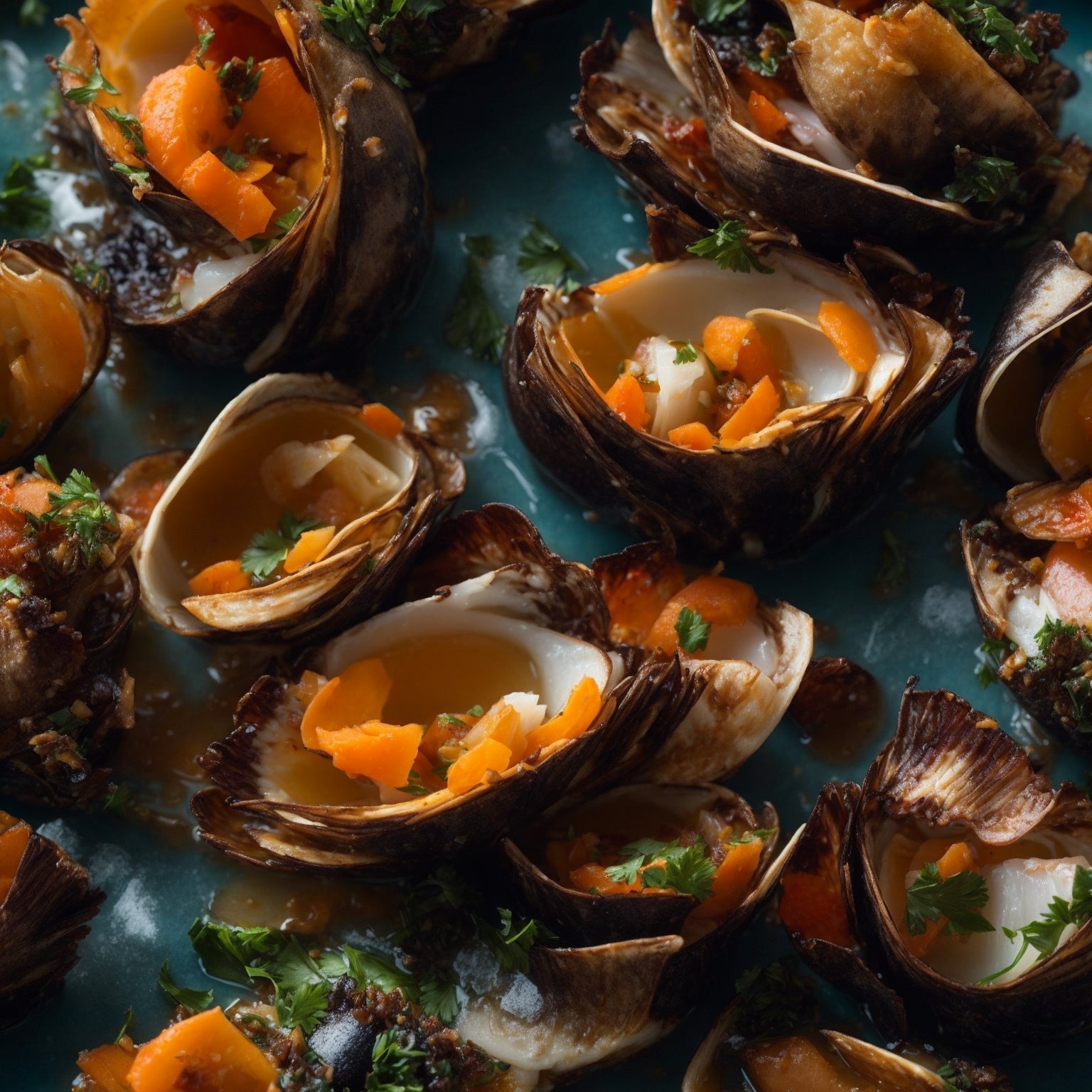 Gooseneck barnacles (percebes) sautéed in garlic butter in a cast iron pan, garnished with fresh parsley and lemon