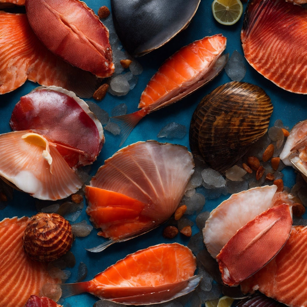 Premium shellfish spread on crushed ice featuring lobster tails, king crab legs, fresh oysters on the half shell, sea scallops, mussels, and clams arranged for a gourmet seafood feast