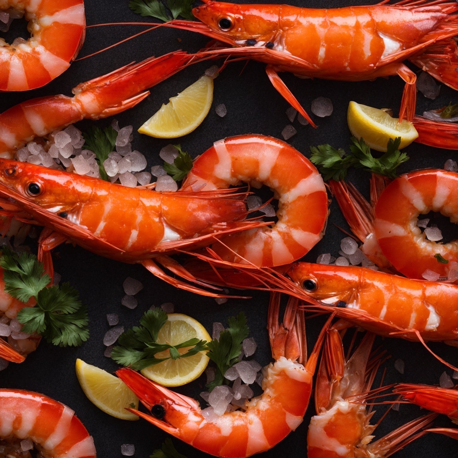 Five varieties of wild-caught shrimp displayed side by side on a wooden board with labels, lemon, and fresh herbs