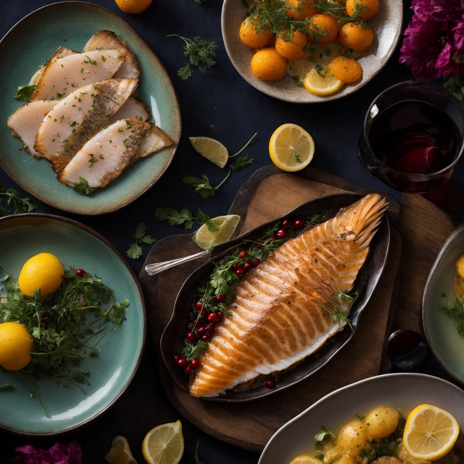 Dover sole fillet served with lemon-infused risotto, asparagus, and a glass of Sauvignon Blanc