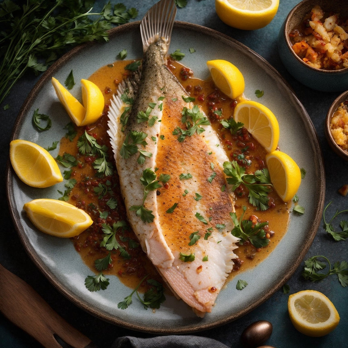 Pan-seared Dover sole fillet with lemon butter sauce and fresh herbs