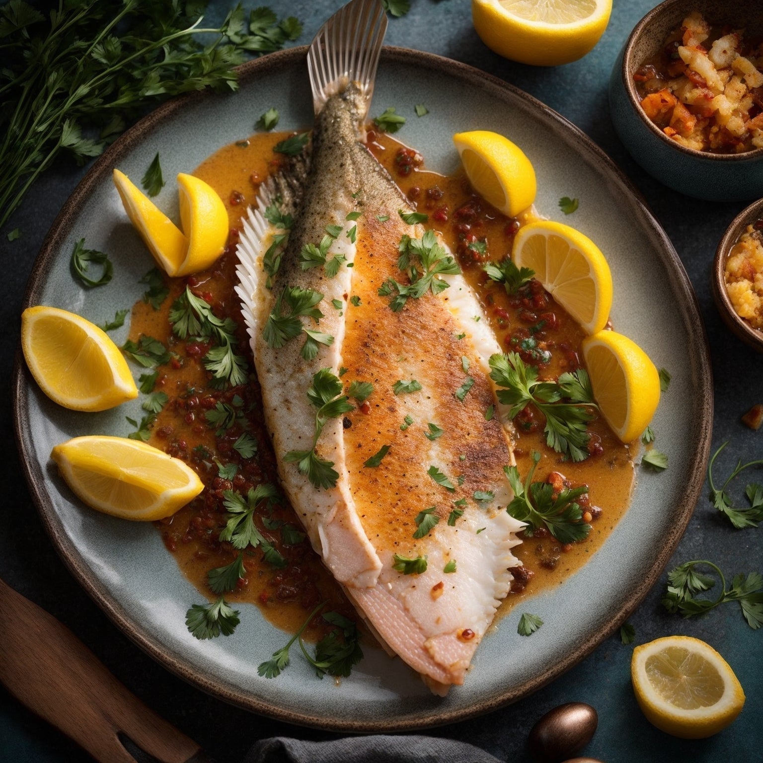 Pan-seared Dover sole fillet with lemon butter sauce and fresh herbs