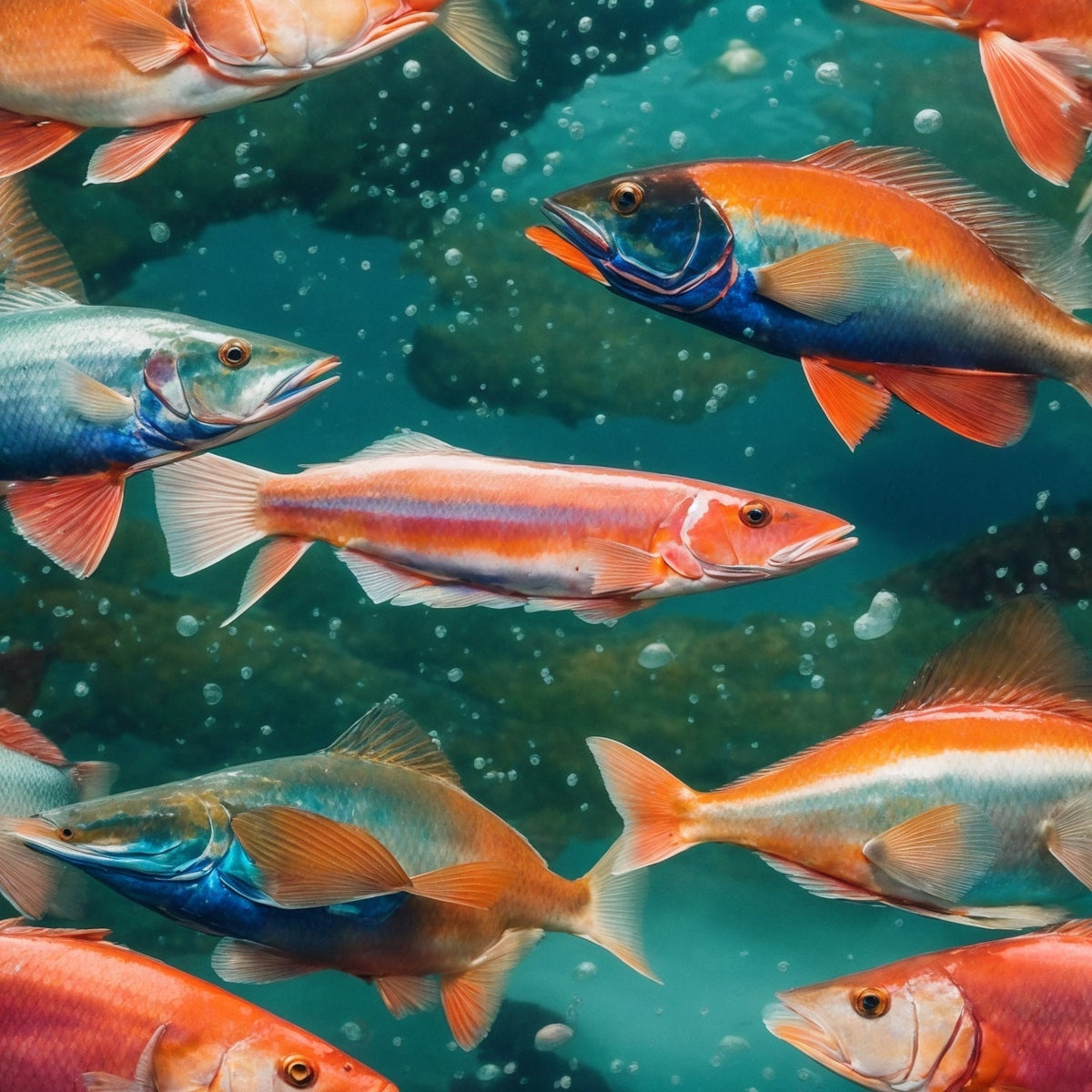 Assortment of sustainably sourced seafood including wild salmon, crab, and shrimp displayed on ice with ocean-themed decor