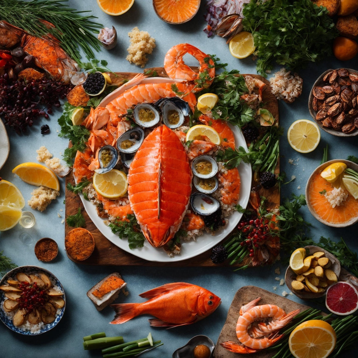 Gourmet seafood platter with lobster tails, king crab legs, jumbo shrimp, scallops, and mussels on a bed of ice with lemon and dipping sauces