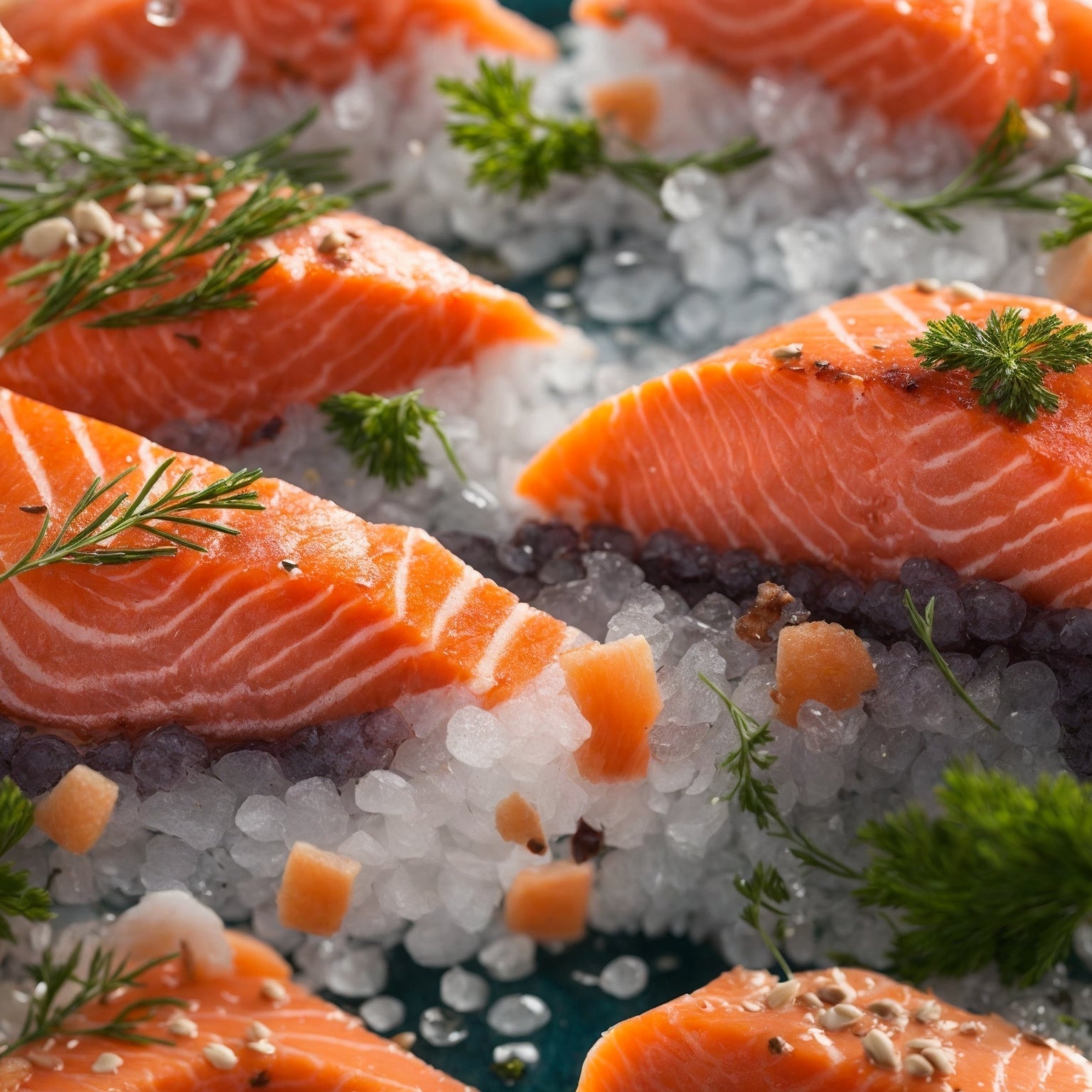 Assortment of wild-caught Alaskan salmon varieties including King, Sockeye, and Coho fillets on a wooden board with lemon and herbs
