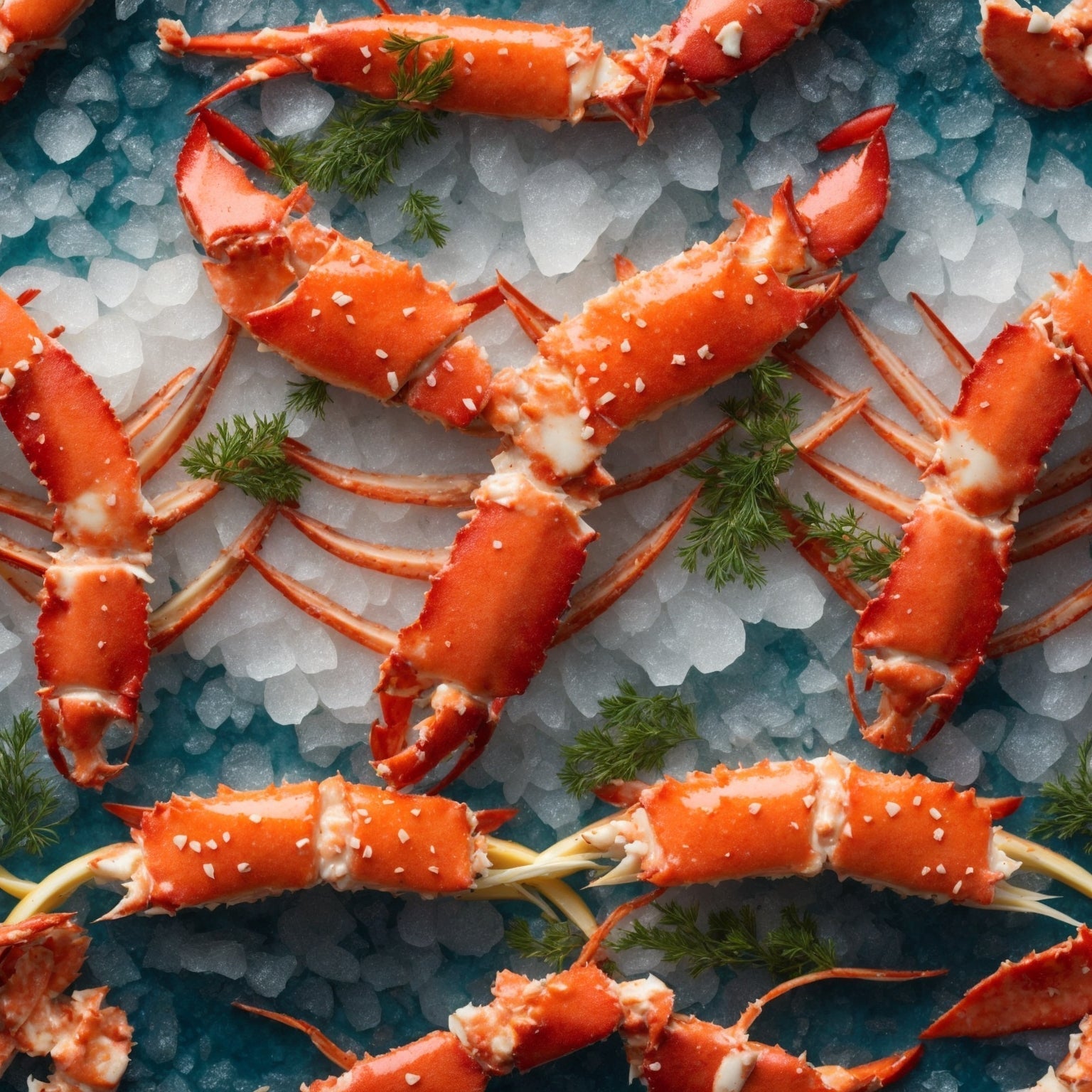 Jumbo Alaskan king crab legs on a bed of ice with garlic butter dipping sauce and fresh lemon