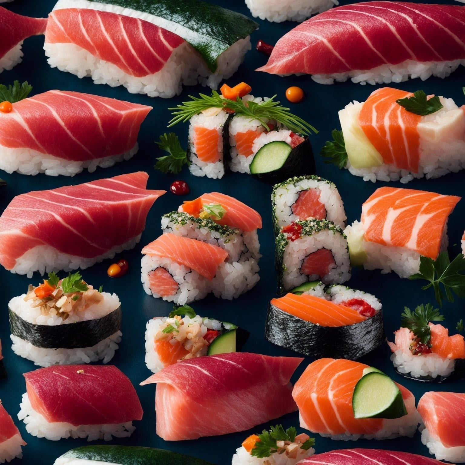 Sushi-grade ahi tuna saku blocks and nigiri slices on a wooden board with soy sauce and wasabi