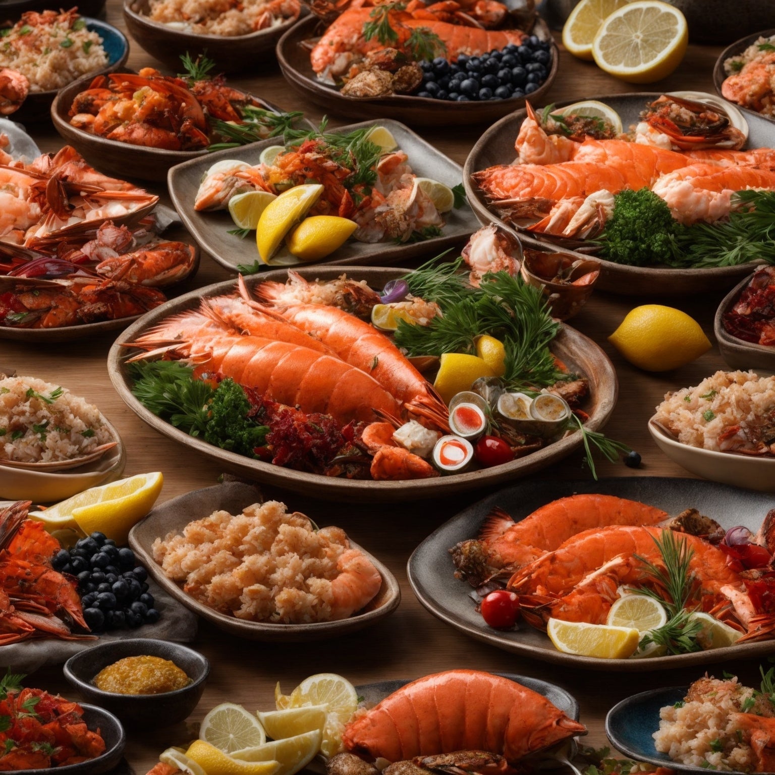 Gourmet seafood platter featuring king crab legs, lobster tails, scallops, and oysters on ice