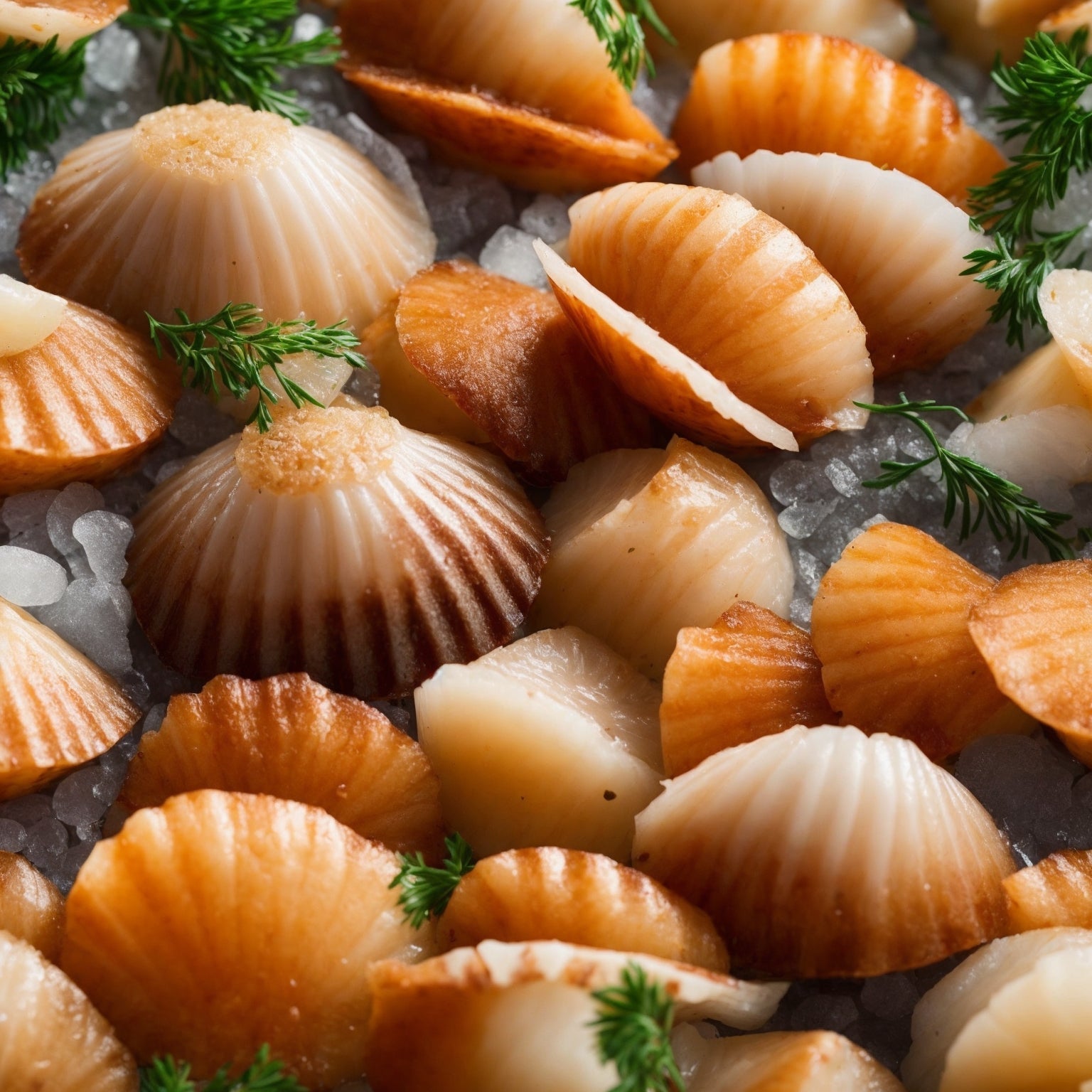 Fresh premium scallops on ice with lemon and herbs, ready to cook — wild-caught and sustainably sourced from Global Seafoods