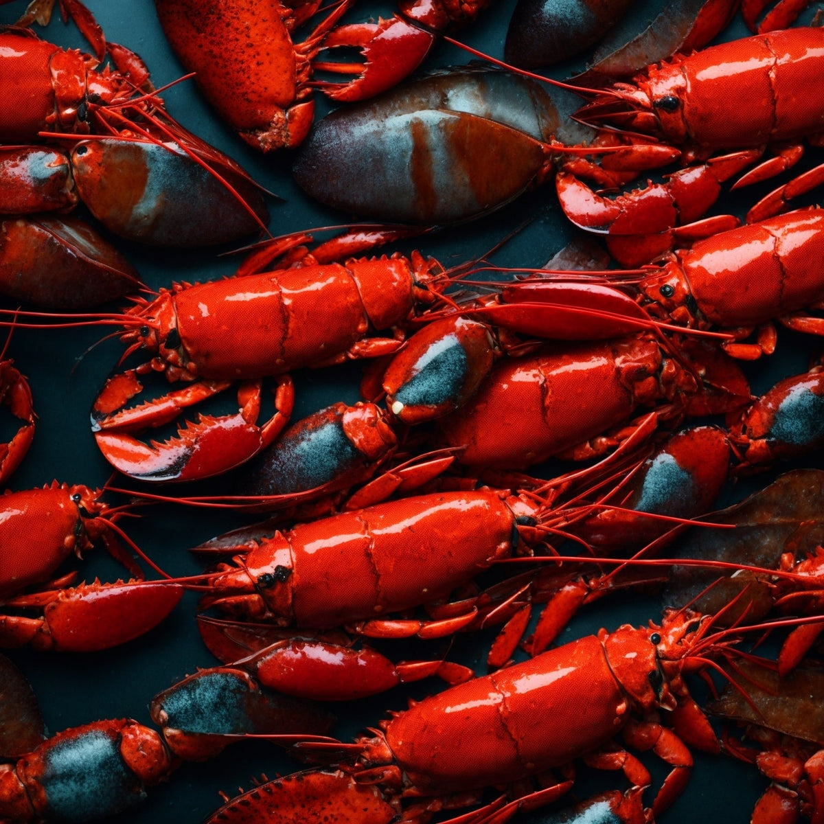 A live Atlantic lobster with bright red-brown shell and large claws, fresh from the ocean — representing the premium quality of live lobsters delivered directly to your door from Global Seafoods