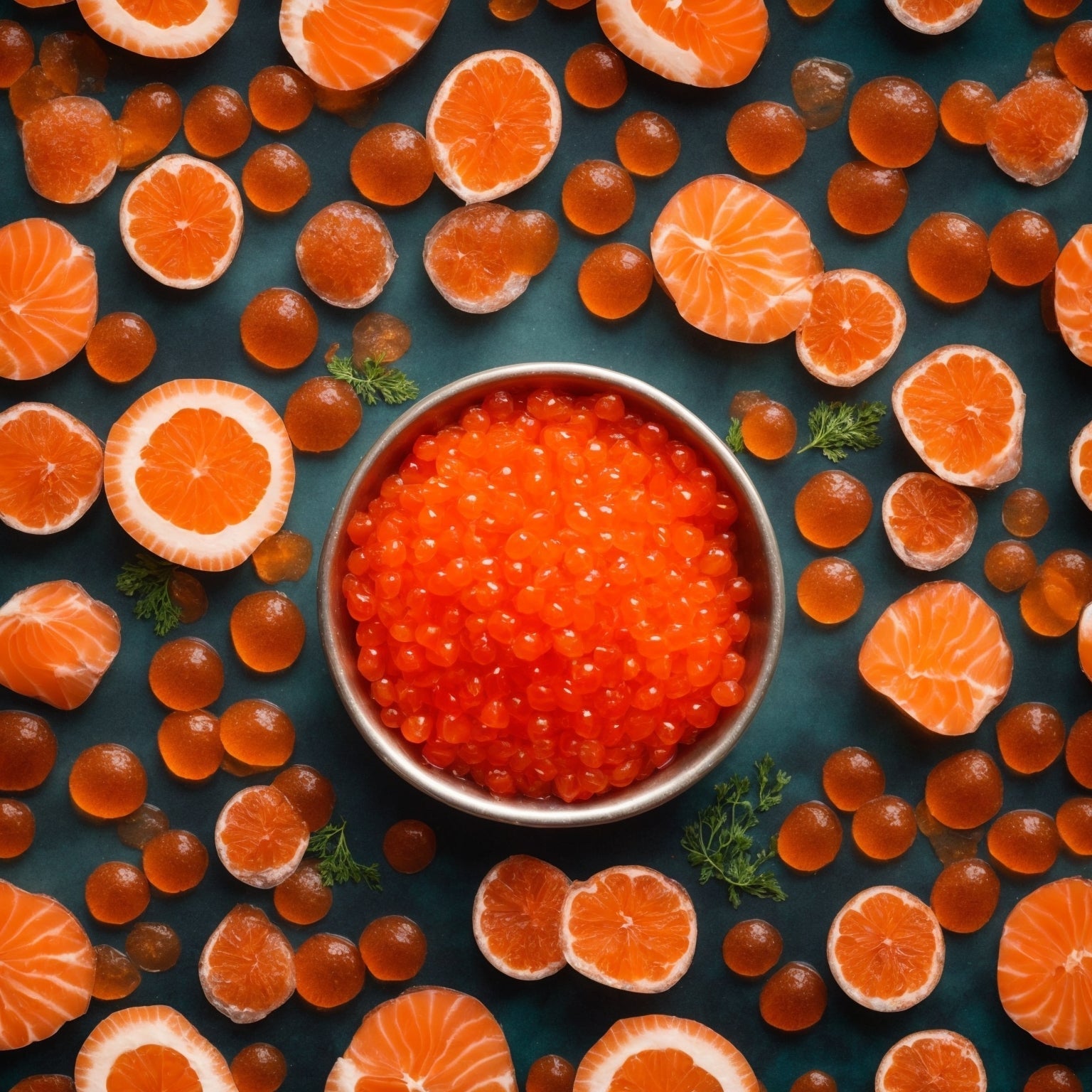 Radiant orange Coho salmon caviar pearls in a glass jar beside fresh dill and blinis on a dark slate surface