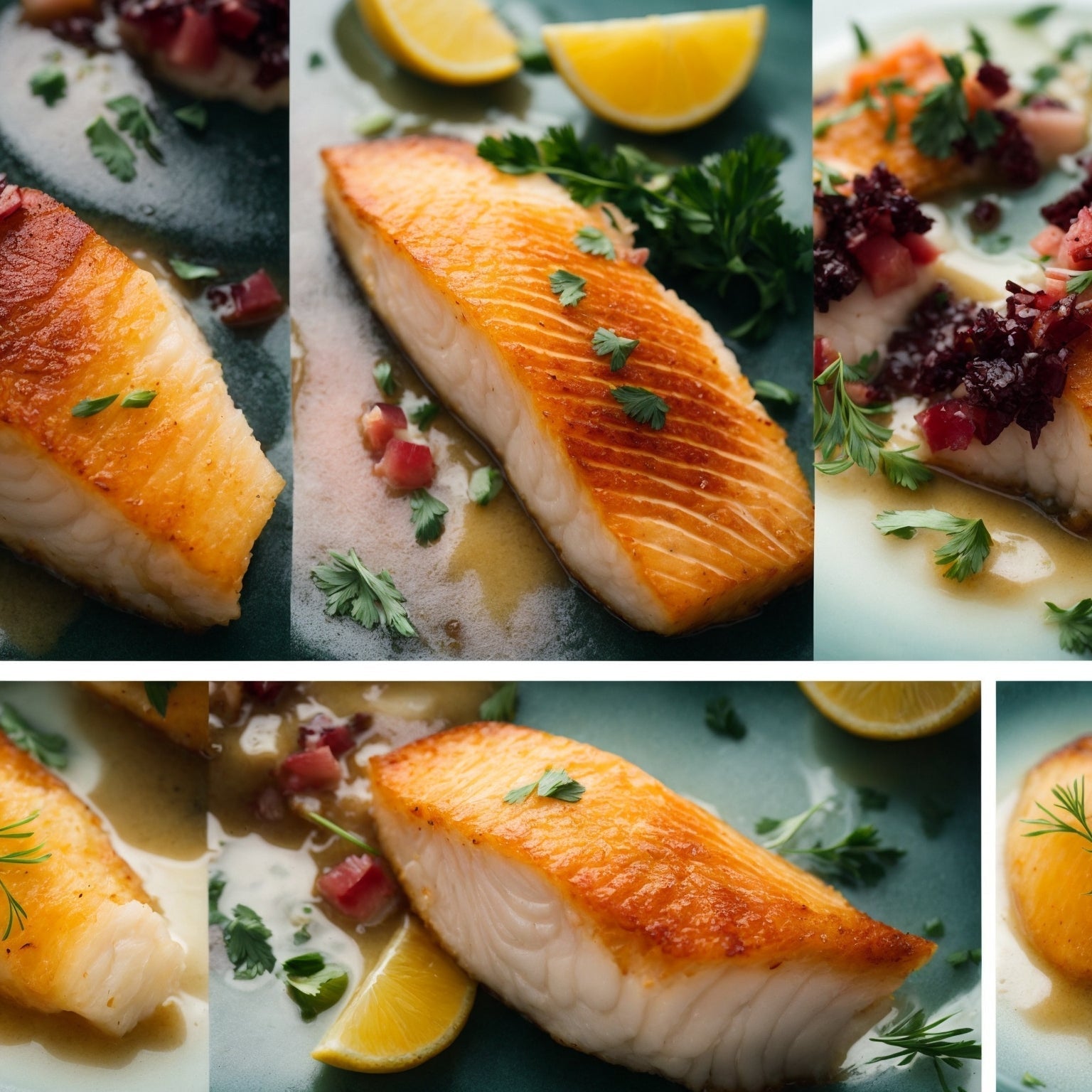 Pan-seared Chilean Sea Bass fillet with lemon butter sauce and roasted asparagus on a white plate