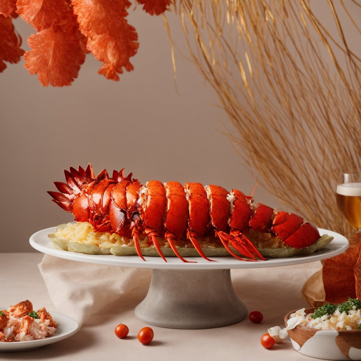 Premium broiled lobster tail with garlic butter glaze, garnished with parsley and lemon, served on a white plate