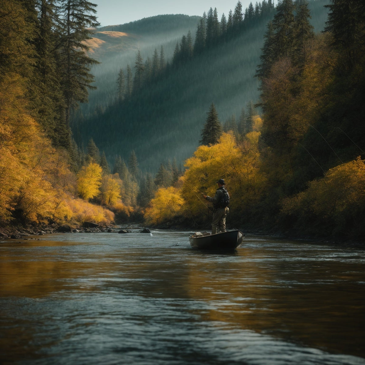 Fly angler casting a Spey rod on the Columbia River at dawn targeting steelhead in a deep pool