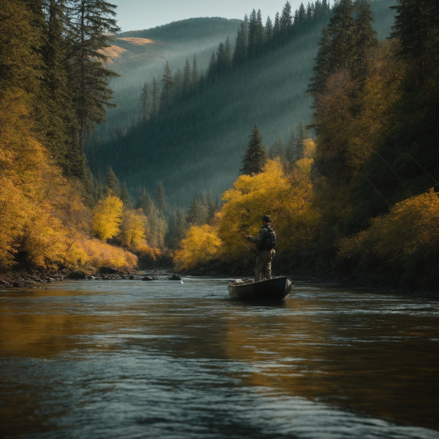 Fly angler casting a Spey rod on the Columbia River at dawn targeting steelhead in a deep pool