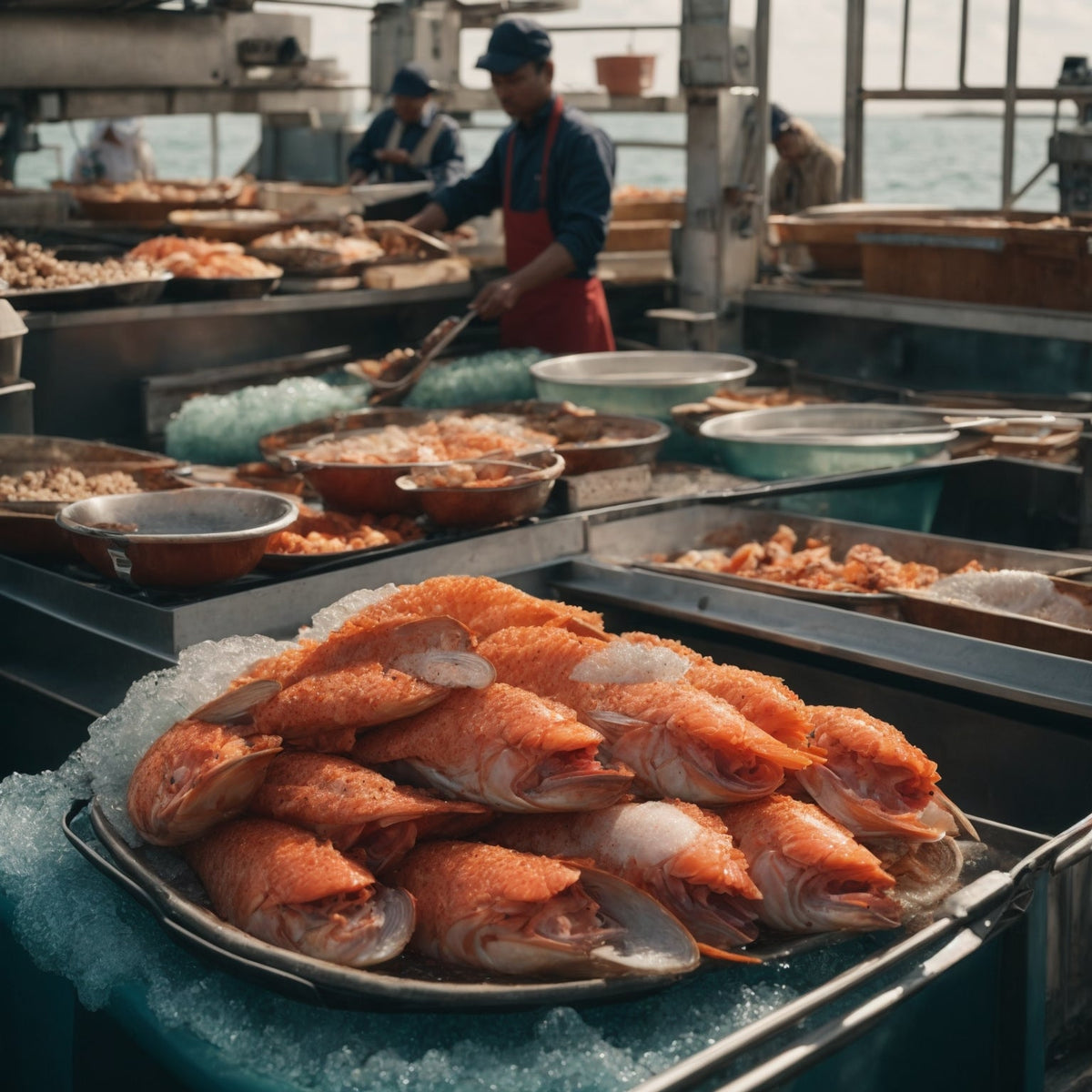 Wild-caught sustainable seafood including salmon fillets and king crab on ice