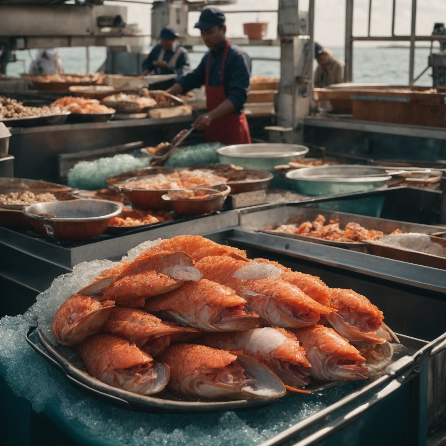 Wild-caught sustainable seafood including salmon fillets and king crab on ice